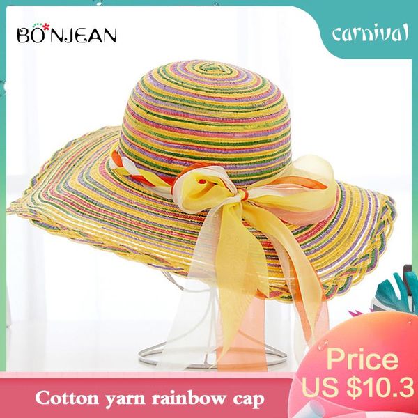 

bonjean bow-knot big dome hat summer ladies cotton yarn rainbow hat outdoor beach sun visor straw 2020 new girl gift, Blue;gray