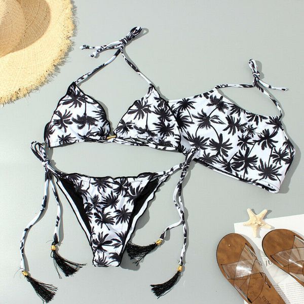 

2019 new style 3 pieces print tassel ladies bikini set bandage push-up padded bra swimwear swimsuit bathing, Black;white