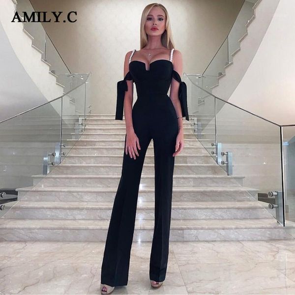 

amily.c summer women's new off shoulder bow bodycon bandage jumpsuit elegant black solid color lady club party jumpsuit1, Black;white