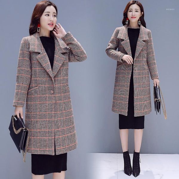 

new winter plaid overcoat tweed cloth coat long sleeve woolen coat long design good quality warm outfit lady vestido s-xxl sale1, Black