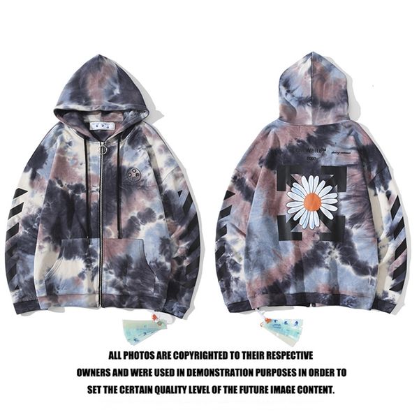 

off20ss new fashion white daisy tie dye gradients sweater couple loose zipper hoodie, Black