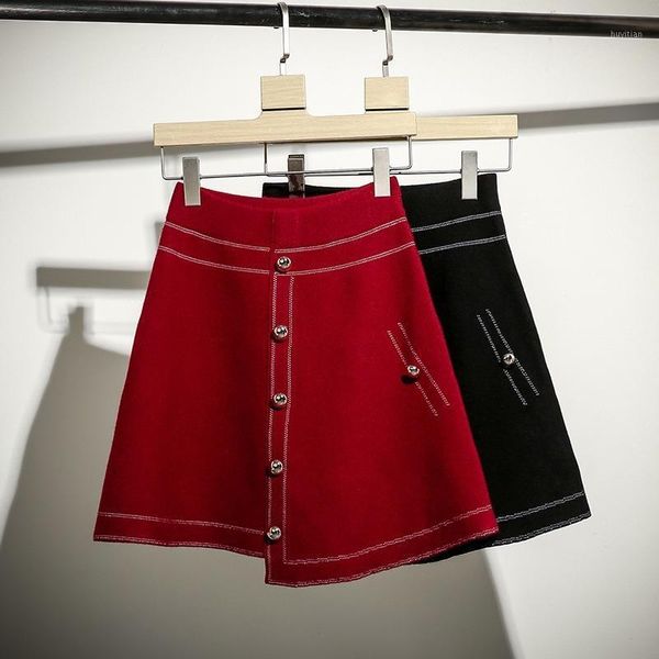 

elastic waist winter skirt women knitted above knee mini empire button a-line solid formal skirts1, Black