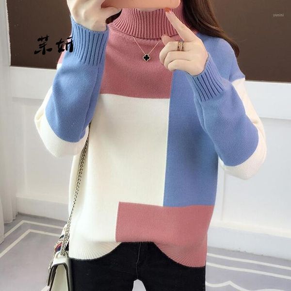 

oversized knitted sweater women red patchwork turtleneck knitted winter jumper korean pullover casual clothes warm loose v6441, White;black