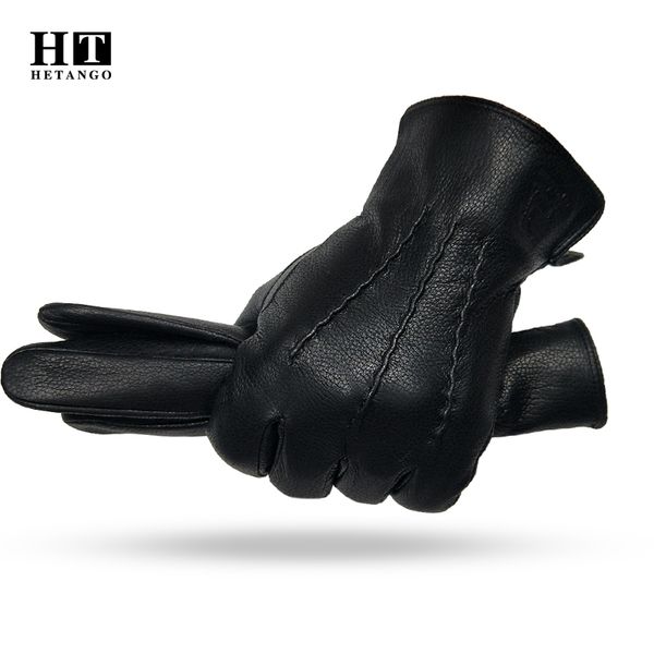 

new winter men' leather gloves warm soft black sewing design mittenskin buckskin gloves imitate wool lining 201020, Blue;gray