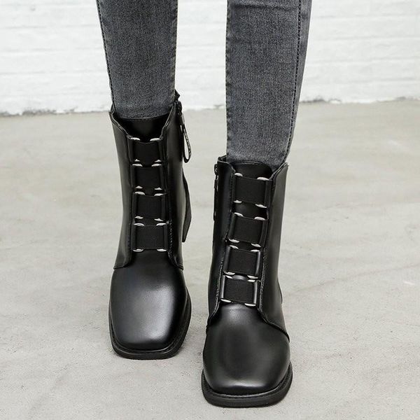 

boots 2021 winter women autumn female casual shoes woman fashion rivet round toe buckle strap comfortable ankle, Black