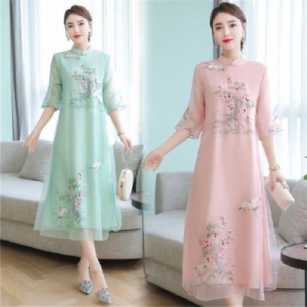 

new fat sister embroidery in summer of 2019 chinese national style dress dressnational dresslarge size women's qipao dress ktzrx, Black;gray