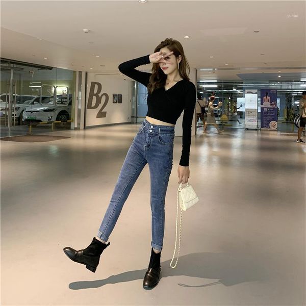 

high waisted skinny jeans for women slim denim pencil pants women casual vintage jeans female streetwear ladies elastic1, Blue