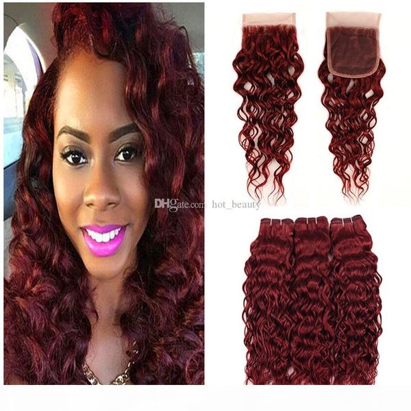 

99j hair water wave with lace closure wet and wavy peruvian virgin hair extension 3 bundle deals burgundy with 4x4 lace closure, Black
