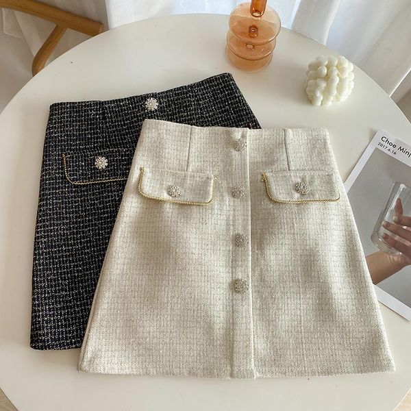 

snowflake diamonds buttons tweed skirts women vintage plaid mini skirt autumn winter shorts skirt thicken a-line harajuku x937, Black