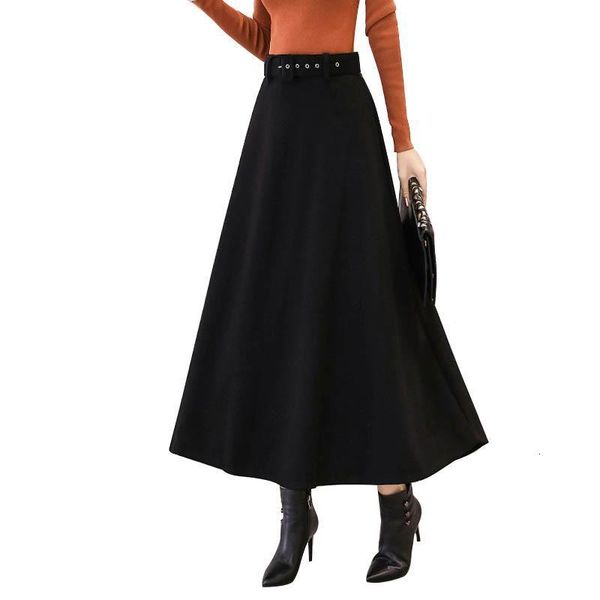 

зимние женщины шерсть maxi юбки мода высокая талия с поясом твердая шерстяная юбка женской улицы повседневная длинная юбка, Black