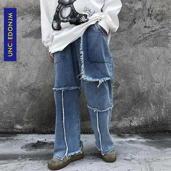 

uncledonjm burr straight jeans men's patchwork street loose wide leg casual all-match trousers denim destroyed jeans an-e0581, Blue
