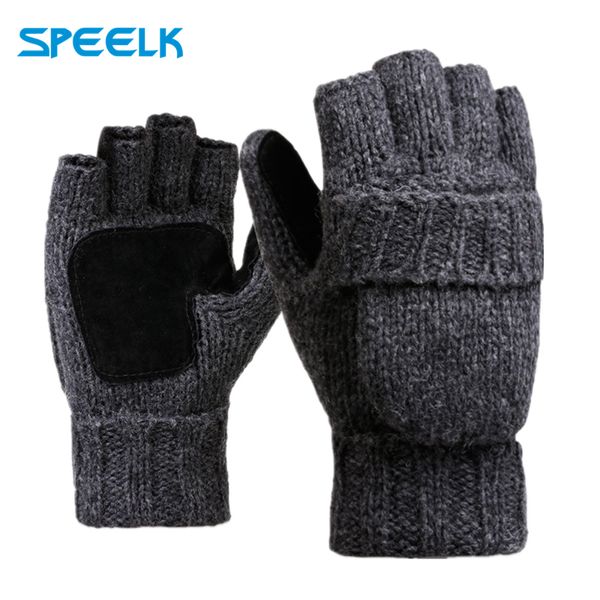 

brand new woollen knitted gloves half finger flip men women winter wool glove velvet thick leather warm outdoor riding gloves 201020, Blue;gray