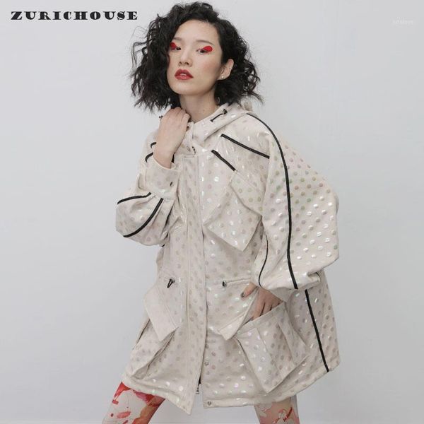 

zurichouse drawstring trench coat woman long fashion multicolor polka dot back hollow out design spring hooded windbreaker1, Tan;black