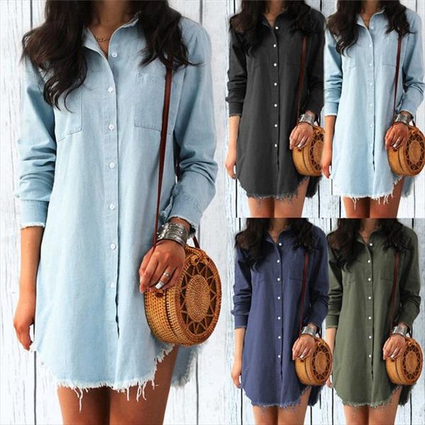 

new autumn women dress lady long sleeve denim shirt dress casual turn down collar women dresses tassels loose party clothes, White