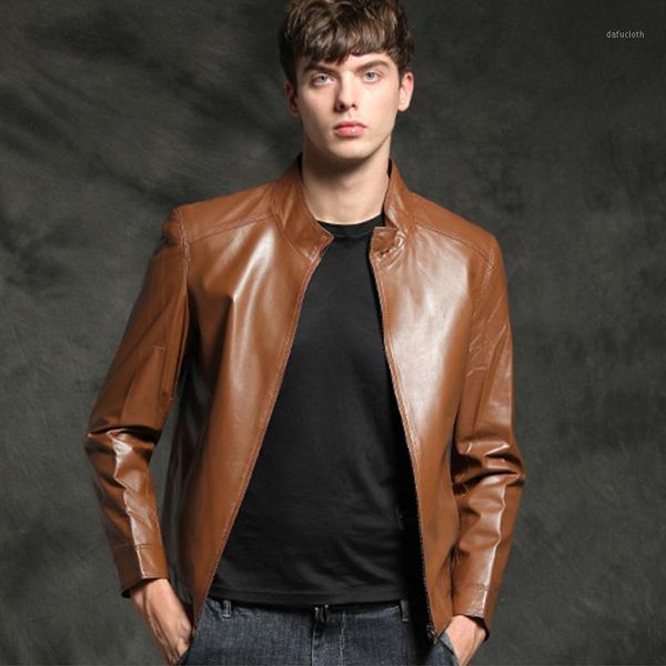 

young men real sheepskin coat brown short mandarin collar slim genuine leather clothing autumn leather outwear1, Black