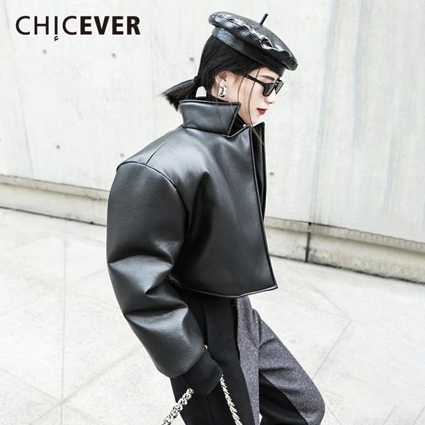 

chicever vintage pu leather women's jacket lapel collar long sleeve thick short females coat 2020 autumn fashion clothes new1, Black;brown