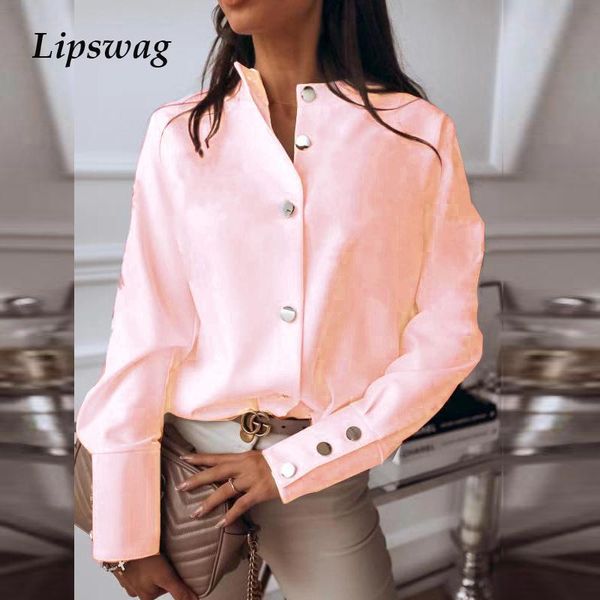 

women office ladies metal button basic shirts blouse 2021 spring casual solid color long sleeve elegant womens blusa mujer, White