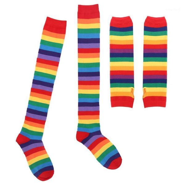 

women girls colorful rainbow striped knee thigh high socks stockings gloves perfect for halloween costume fun party cosplay gift1, Black;white