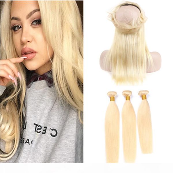 

silky straight #613 blonde peruvian human hair weave bundles with 360 frontal bleach blonde 360 band lace closure 22.5x4x2" with 3bundl, Black;brown