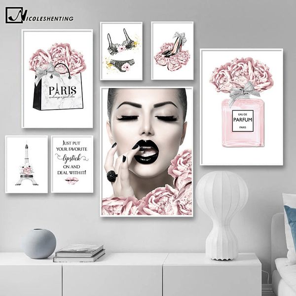 

fashion wall art painting eiffel tower underwear heels canvas poster print pink flower trendy picture beauty room decoration q1218