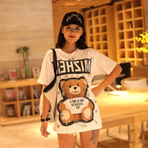

double 2020 new neck women's round pin bear print short sleeve t-shirt, Black;gray