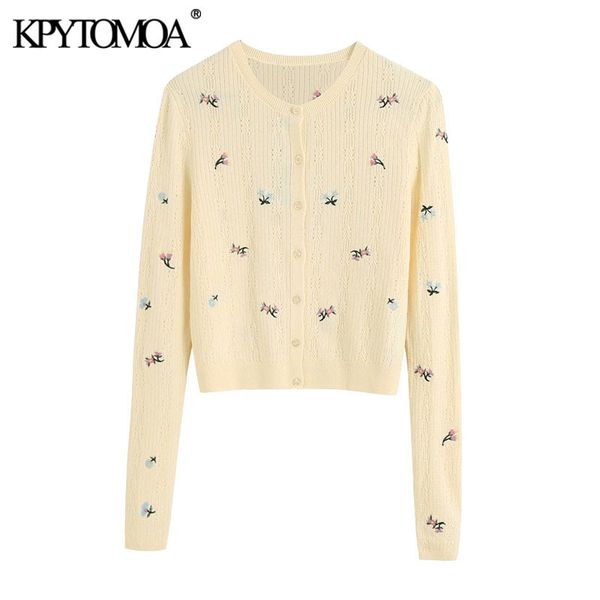 

kpytomoa women 2020 fashion floral embroidery cropped cardigan sweater vintage long sleeve button-up female outerwear chic c1023 c1030, Black