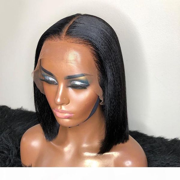 

silk lace front wig yaki straight natural black wig 5*5 pu silk bob wig with baby hair glueless brazilian remy hair, Black;brown