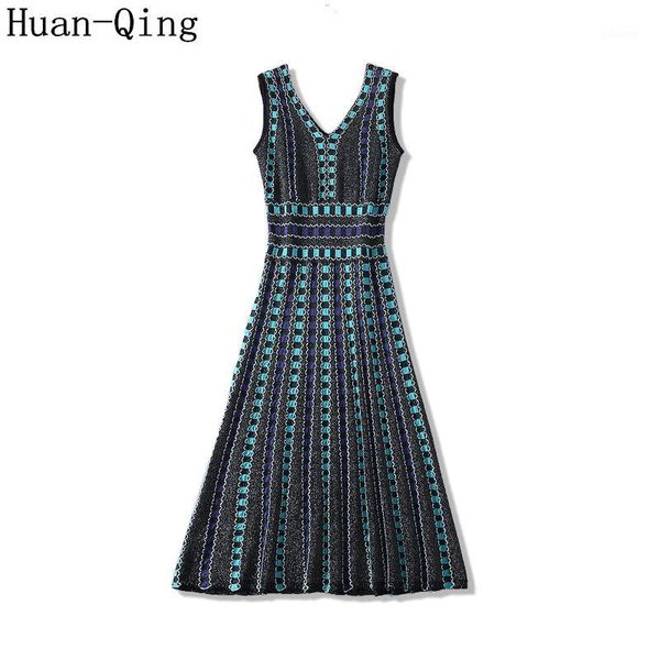 

summer korean sundress vintage jacquard plaid knitted vest dress women's v-neck sleeveless tank elasticity long knit dress1, Black;gray
