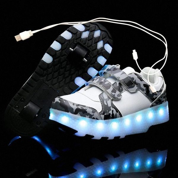 

children one two with black wheels luminous glowing sneakers led light roller skate shoes kids led shoes boys girls usb charging #j41y