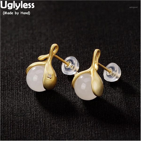 

uglyless real natural jade ball stud earrings for women gold gems 925 sterling silver bud earrings female dress brincos bijoux1, Golden;silver