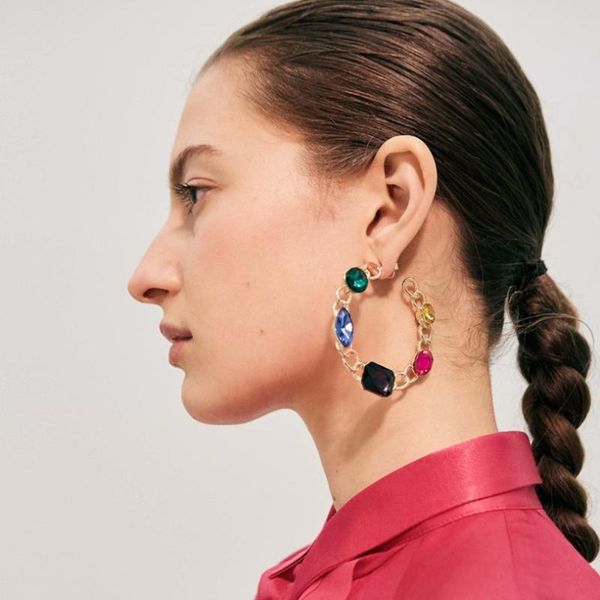 

multicolors crystal gems hoop earrings for women fashion jewelry maxi lady statement earrings accessories, Golden;silver