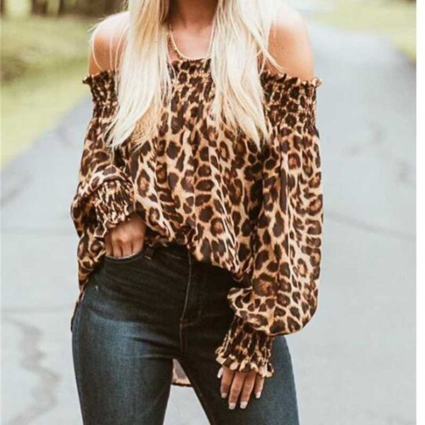 

women's off shoulder long sleeve t shirt leopard print tee, White