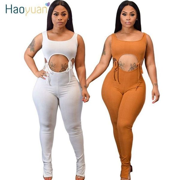 Haoyuan Sexy Hollow Out Lace Up Macacão Womens Jumpsuit Verão Roupas One Piece Club Outfits Mangas Bodycon Macacões T200509