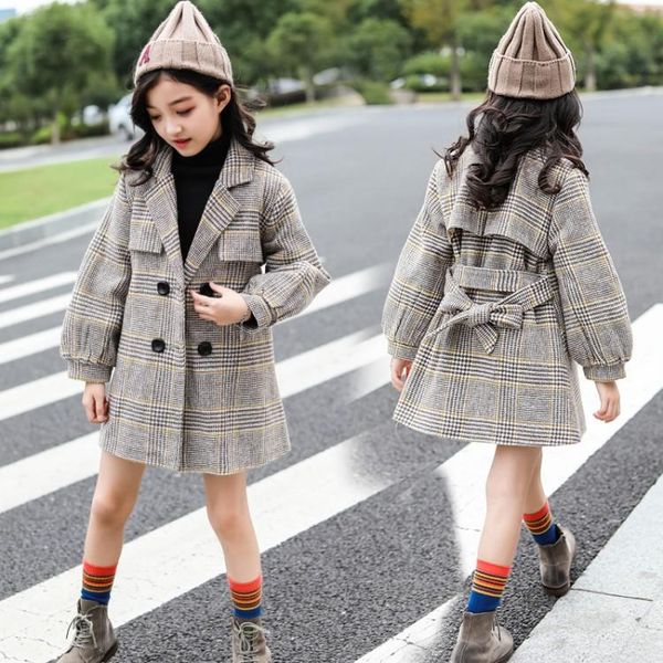 

autumn winter wool girls overcoats vintage plaid loose casual teenage girls long coats double breasted children outwear 5-13t, Blue;gray
