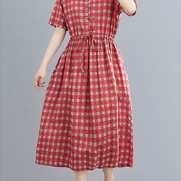 

2020 summer stand collarbuckle and drawstring big swing skirtloose medium length summer cotton big skirt dressdress dresslinen dress jzfej j, Black;gray