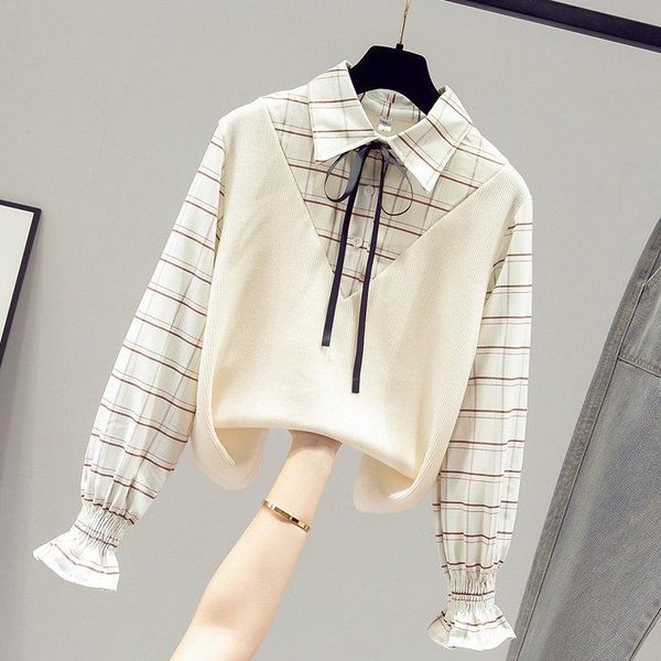 

women's blouses & shirts women preppy style plaid long sleeve pullover blouse fake 2pcs bowknot 2021 fahsion stitching for, White