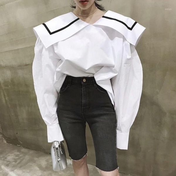 

ewq] 2020 spring autumn new long puff sleeve white sailor collar loose size blouse korea style casual women shirt mg4891