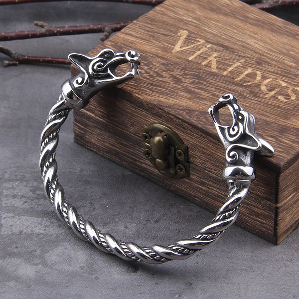 

stainless steel nordic viking norse wolf bracelet adjustable men wristband cuff bracelets with viking wooden box, Black