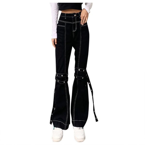 

fashion streetwear jeans women's high waist splicing pants ripped edge casual jeans straight leg trousers pantalon femme#lr3, Blue