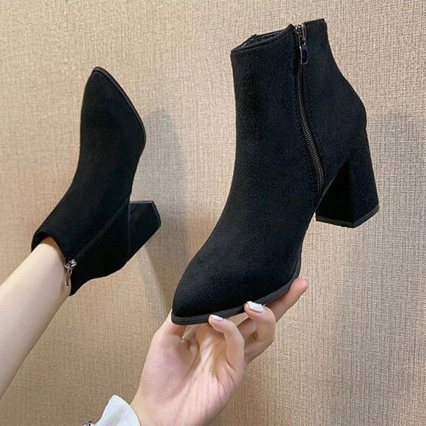 

women boots causal comfort ladies zipper pointed toe suede woman office lady elegant suede female high thick heels shoes #xs1z, Black