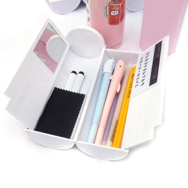 

new kawaii pencil case double layer pen box with mirror calculator whiteboard pen wiper for school supplies cosmetic case etui