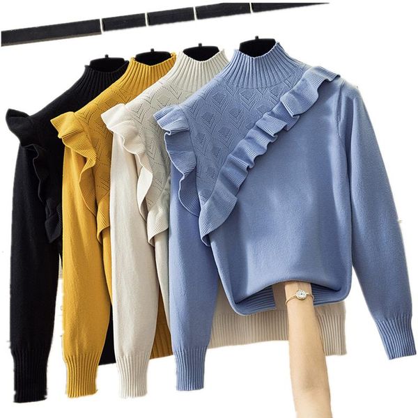

women's sweaters turtleneck women sweater 2021 autumn winter jumper clothes pull femme hiver streetwear fashion lotus leaf edge knitted, White;black