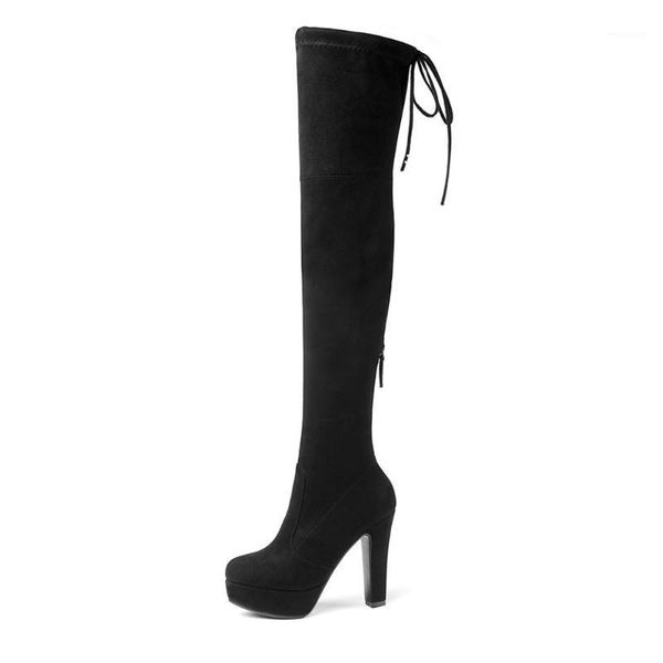 

women boots over knee shoes round toe luxury designer winter footwear platform over-the-knee autumn large size1, Black