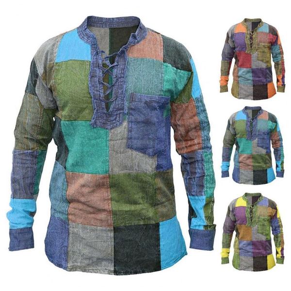 

men's casual shirts vintage stylish long sleeve artistic lace up men all match autumn patchwork for home, White;black