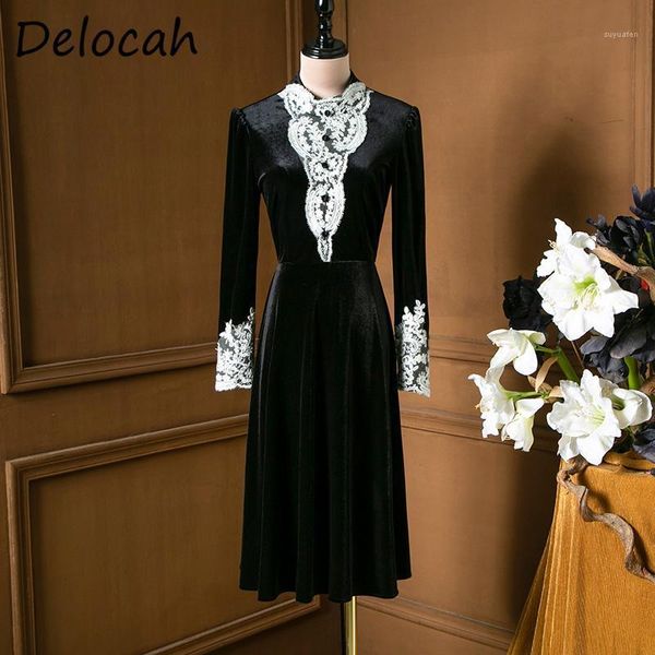 

delocah women autumn fashion runway party a-line dress lace embroidery long sleeve elegant bodycon printed ladies midi dresses1, Black;gray