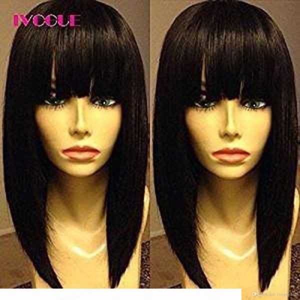 

short bob human hair capless wigs with bangs virgin brazilian straight machine weft none lace human hair bob wig with bangs, Black;brown