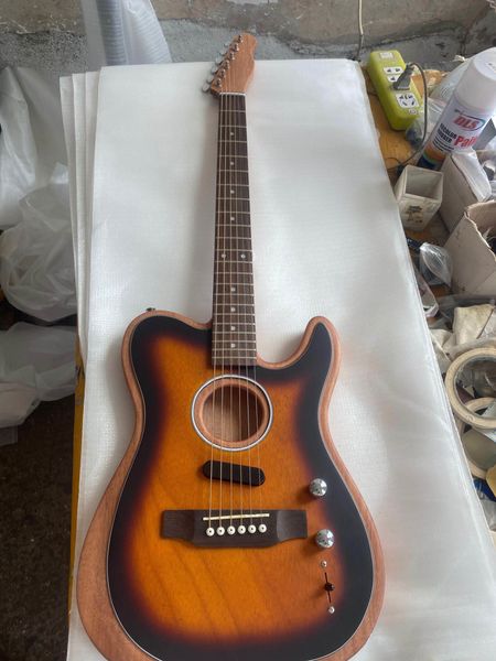 

custom shop acoustasonic tele sonic sunburst acoustic electric guitar polyester satin matte finish spurce dot inlay, chorme hardwa