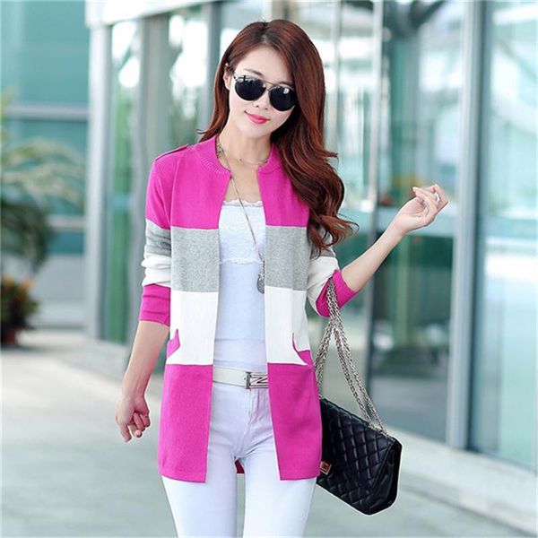 

2020 new sweater women long round neck color matching knit cardigan spring autumn large size knitted jacket women sweater a504, White