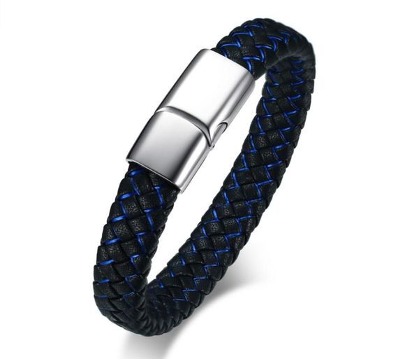 

link, chain engravable men bracelet id bangle blue black braided genuine leather stainless steel male identification jewelry