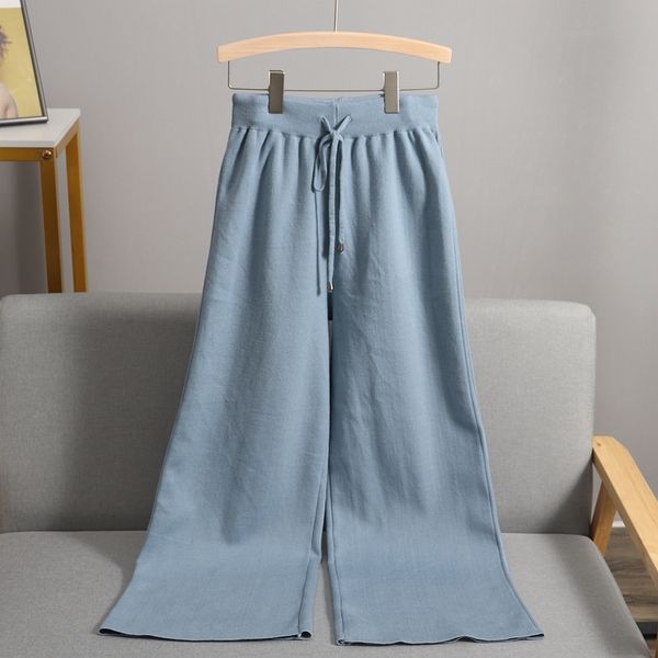 

2021 new women long knit straight pants thick drawstring drape wide leg pant elastic high waist moping winter sweater trousers pmiv, Black;white